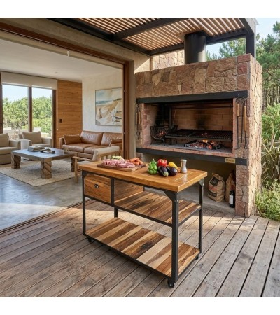 Mesa Ayuda Parrilla Style Industry | Hierro y Guayubira | Ruedas