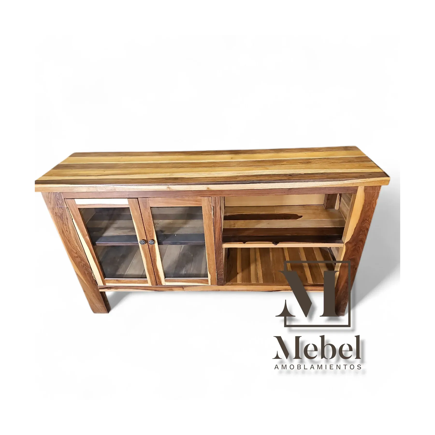 Mueble Bajo Artesanal con Vitrina y Estantes - Guayubira