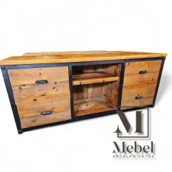 Mueble Bajo Industrial con Cajones y Estantes - Pino Oregón