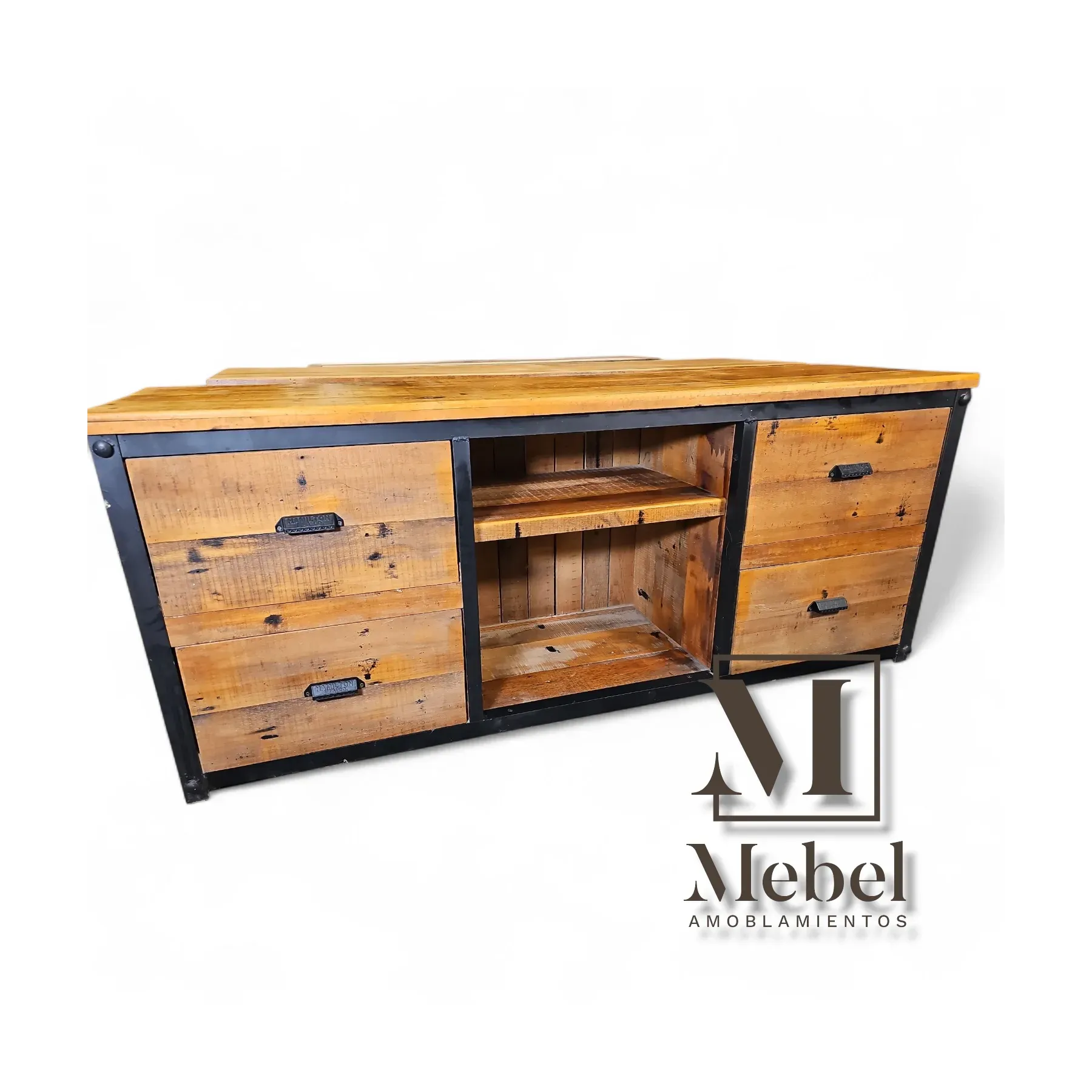 Mueble Bajo Industrial con Cajones y Estantes - Pino Oregón