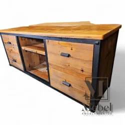Mueble Bajo Industrial con Cajones y Estantes - Pino Oregón
